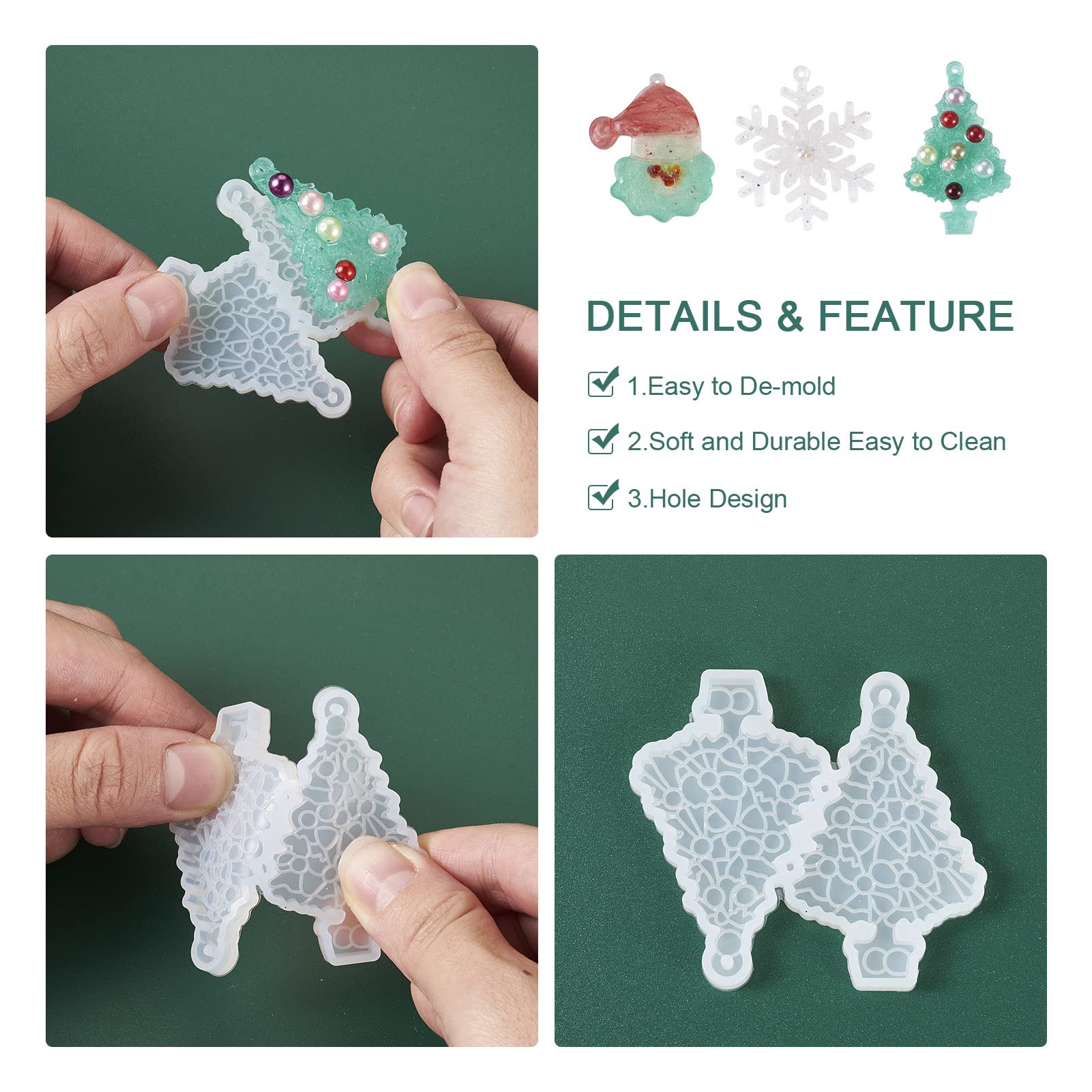 Boutigem 5pcs Christmas Theme Silicone Mold Snowflake Bell Santa Claus Resin Mould with French Earring Hook Ear Nut for Dangle Earring Women Jewelry DIY Making - Image 2
