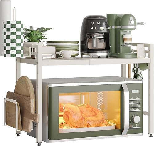 Miniatura 16 de NETEL Soporte extensible para microondas, estante organizador de 2 niveles de metal para encimera de cocina con 8 ganchos, estante para panaderos,