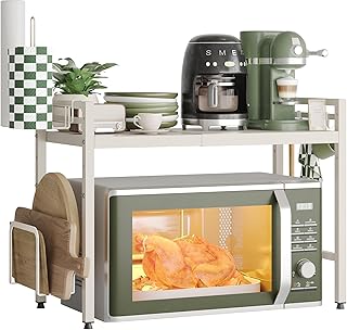 NETEL Soporte para Microondas de 2 Niveles，Organizador de Cocina Multifuncional Completo con Soporte para Toallas de Papel y Soporte para Tabla de Cortar，Blanco, Extensible de 40 a 60 cm