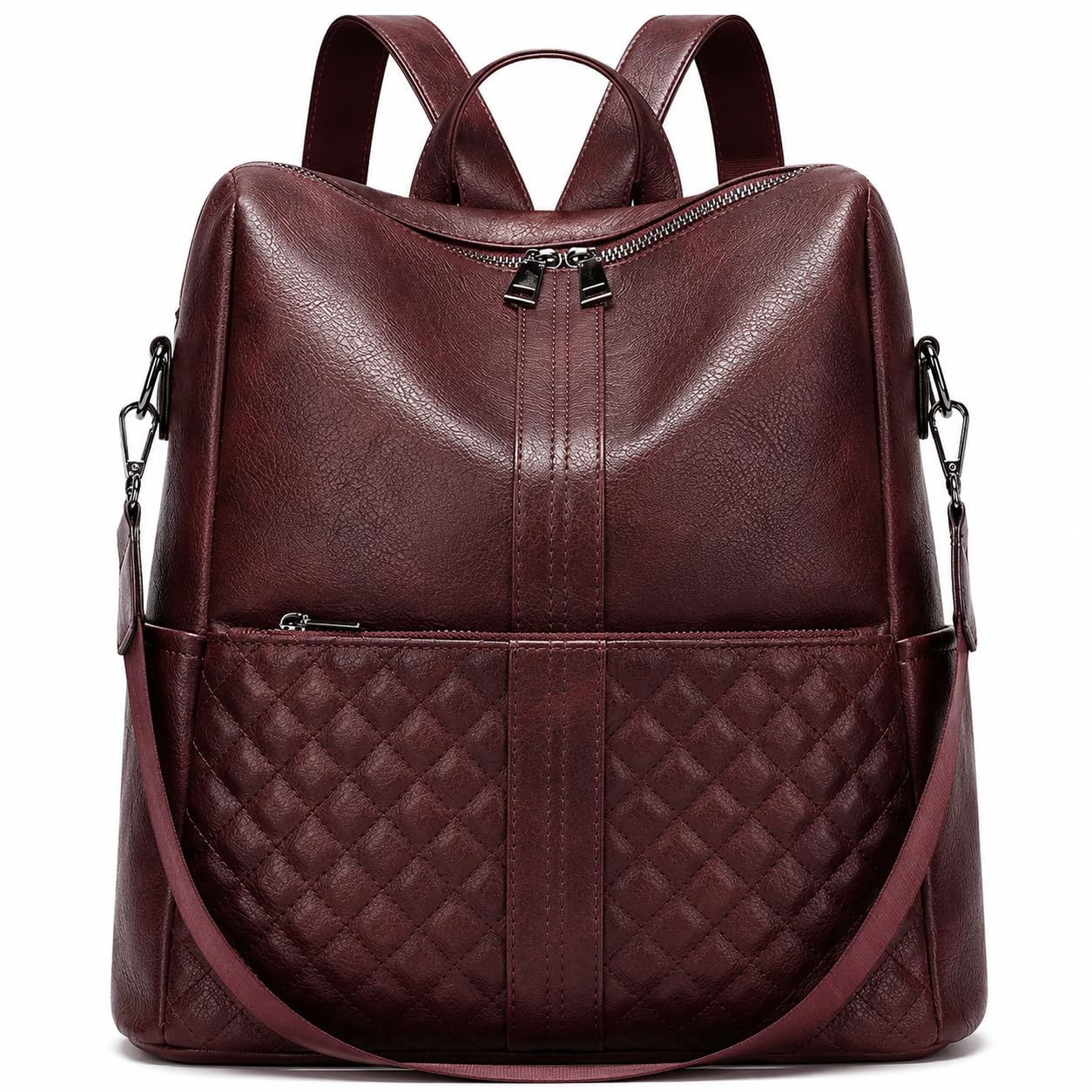 craftwood Women's Quilted Leather Backpack, Burgundy Wine Color, Convertible Shoulder Bag, Dual Zipper Design, Vegan PU Material-picture-34