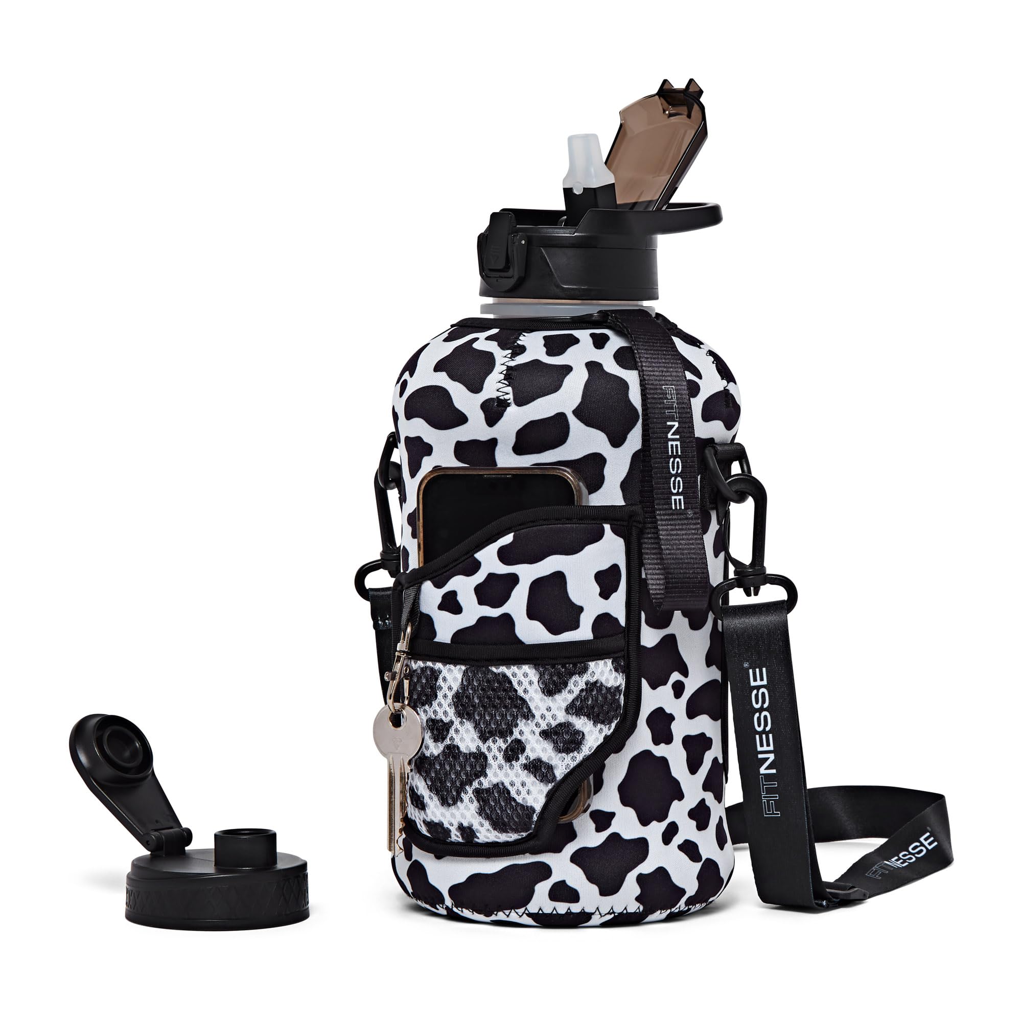 Fitnesse 2.2L Water Bottle with Straw and Covered Lid, Phone & Key Storage, Drop proof, Leak Proof, Shoulder Strap and Handle