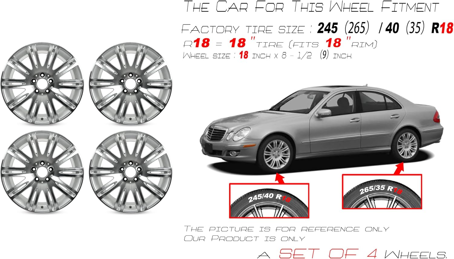 Front Rear For Mercedes E350 E550 OEM Design Wheel 18" 18x8.5 18x9 2007-2009 Machined Silver Set of 4 Replacement Rim