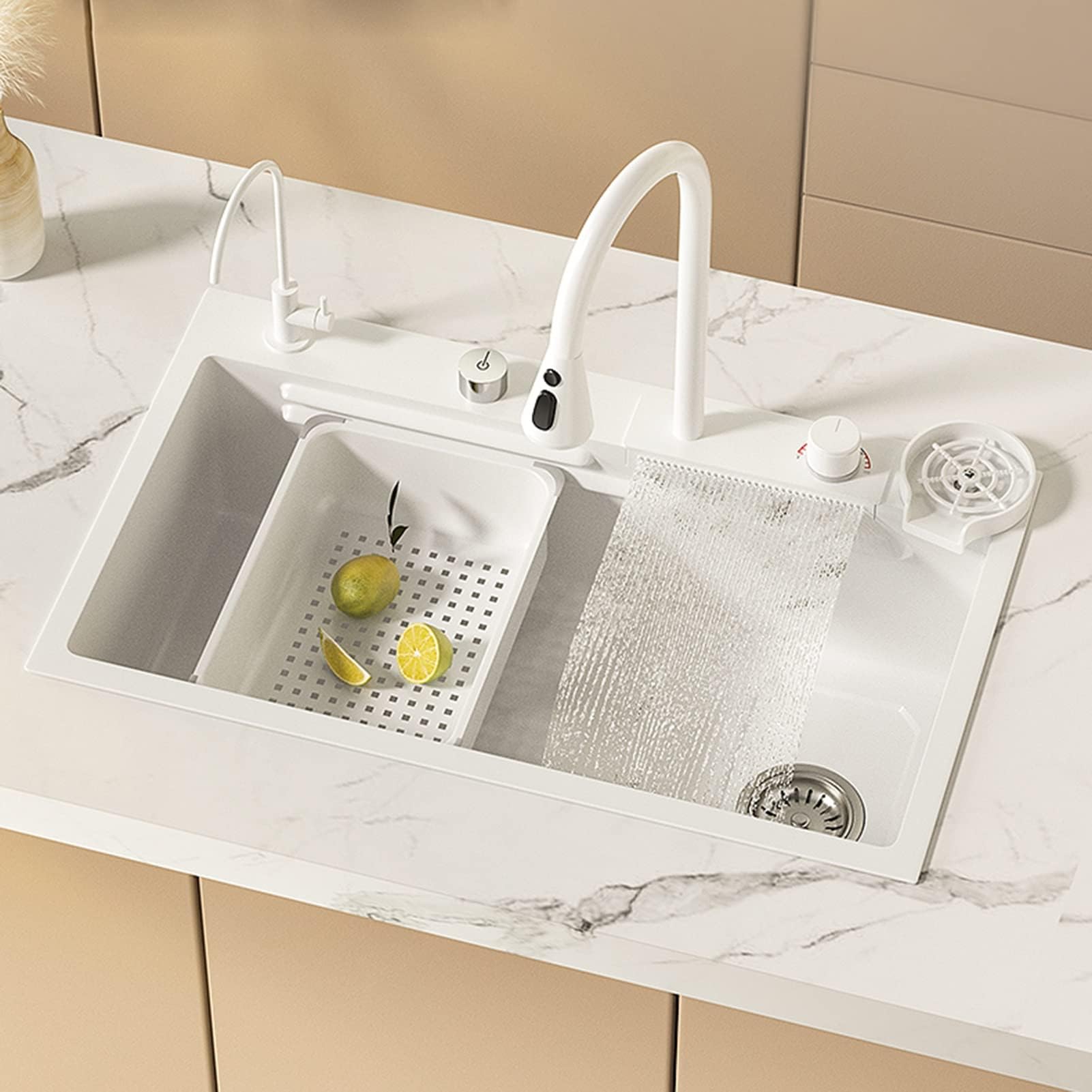 ZQFHSX Stainless Steel Waterfall Sink Single Bowl Drop In Combo Topmount Workstation With Faucet and Accessories