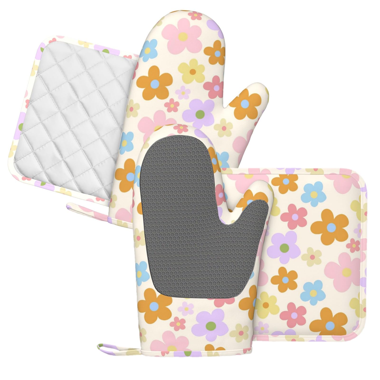 Lot de 4 maniques et maniques Hippie Fleurs | Moufles de cuisine en silicone abstraites et groovy - Motif floral - Pour cuisine, chef, barbecue, barbecue
