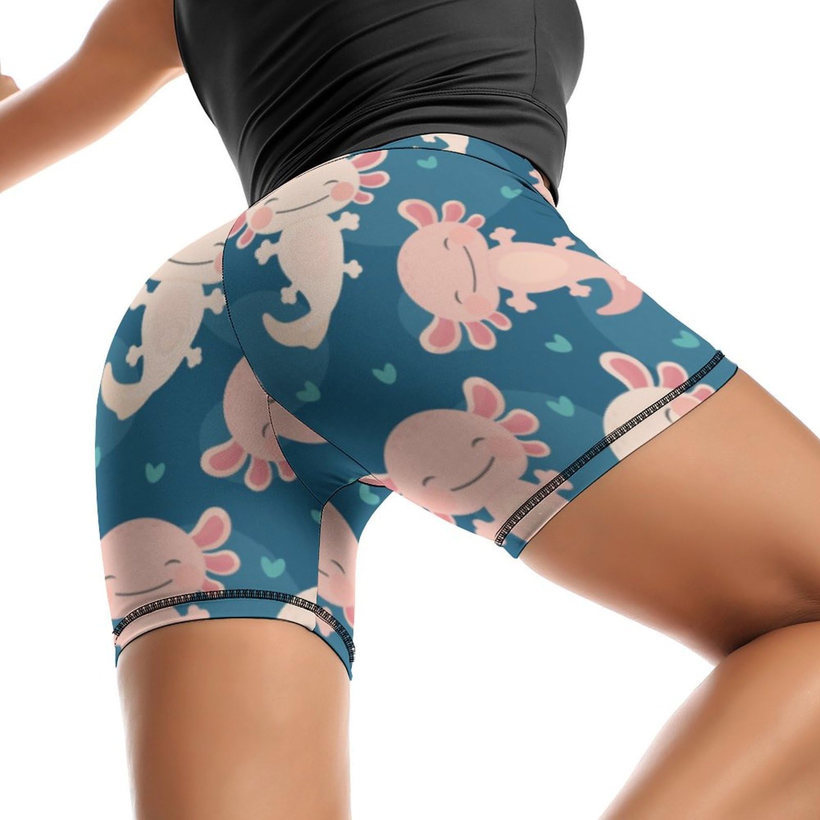 JYYAU Cute Axolotl Kawaii Pattern High Waist Yoga Shorts for Women Athletic Shorts Leggings Running Pants Black