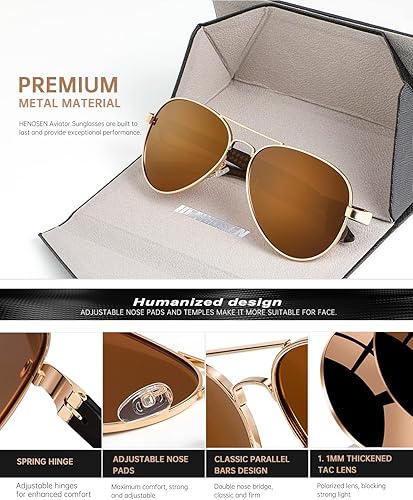 Miniatura 3 de HENGOSEN Aviator Sunglasses with Carbon Fiber Temple for Men Women, Polarized Pilot Sunglasses Metal Frame with UV Protection