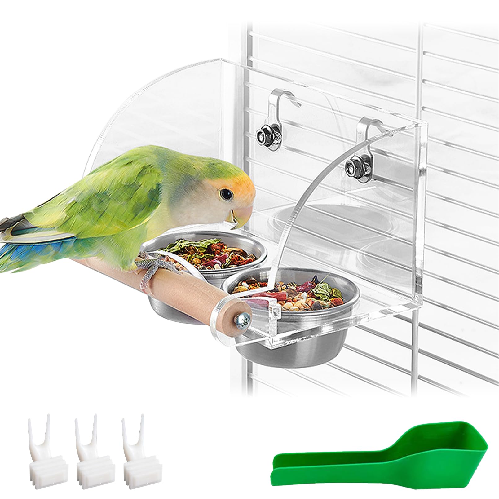 BNOSDM Bird Feeder for Cage with Double Stainless Steel Food & Water Bowls Anti-Slip Wood Perch Stand with No Mess Acrylic Seed Catcher for Parrot, Budgie, Parakeet, Lovebird, Canary, Finch (Hook)