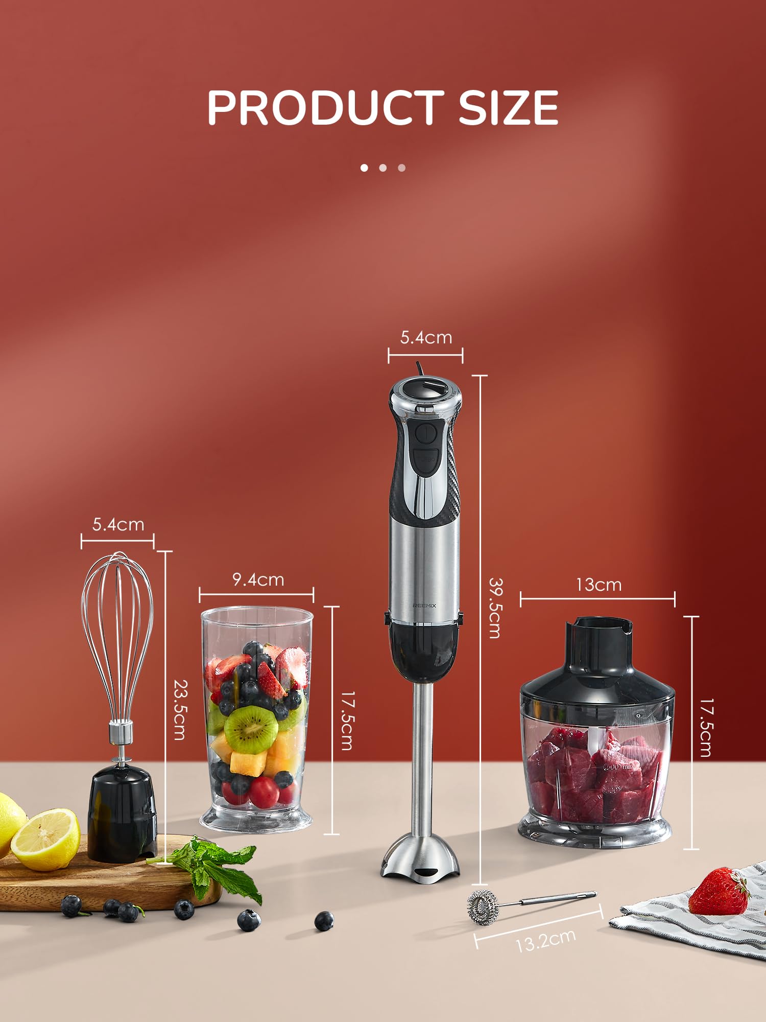 Frullatore ad immersione 5 in 1 in acciaio inox, 1000 W con 12 velocità e modalità turbo, include frusta, montalatte, tritatutto da 500 ml e misurino