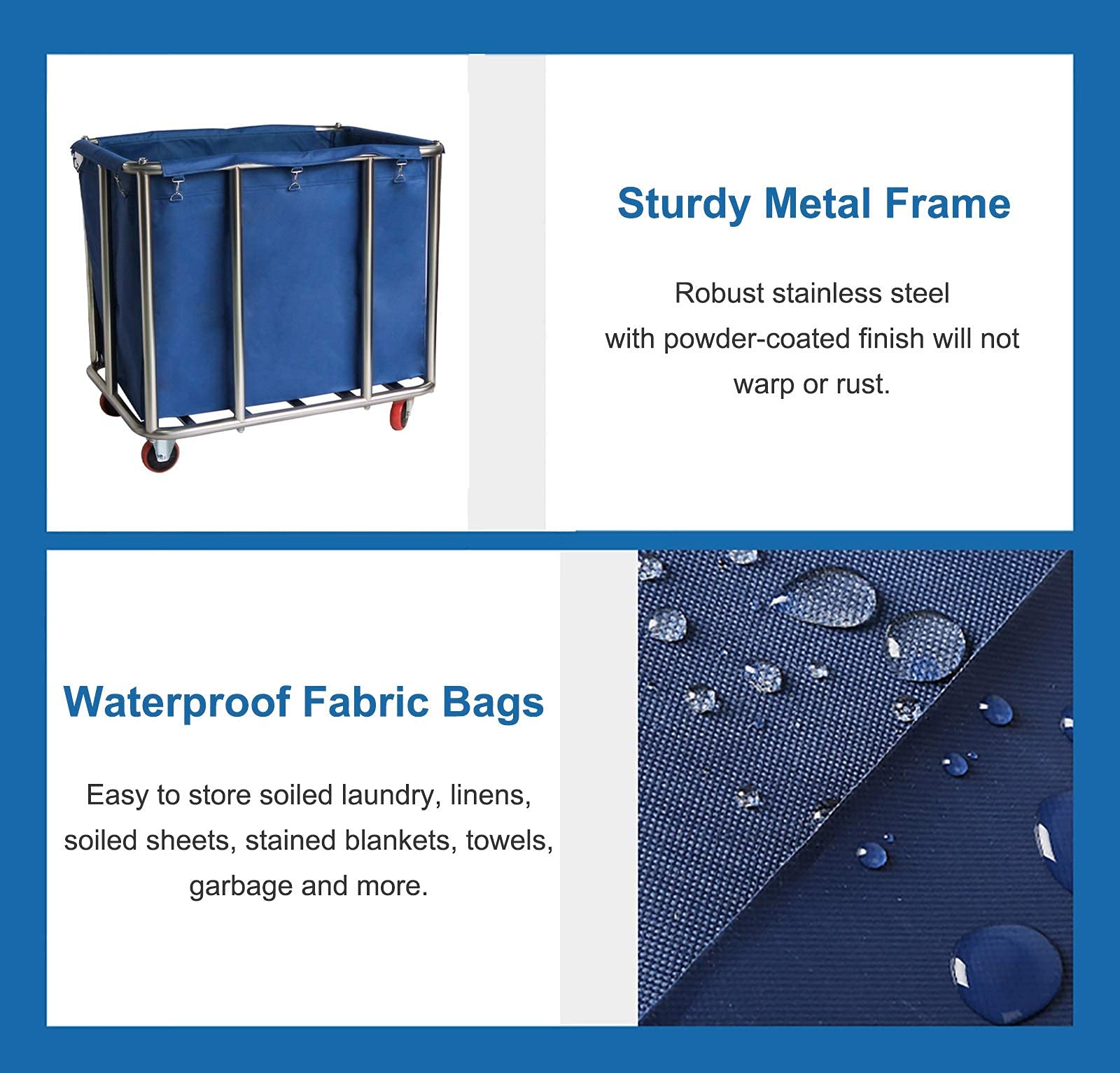 DFEDHF Large Hotel Trolley for Clothes Storage, Laundry Hamper Sorter Cart with Heavy Duty Rolling Wheels, Removable Bags Metal Frame(Blue-Large)