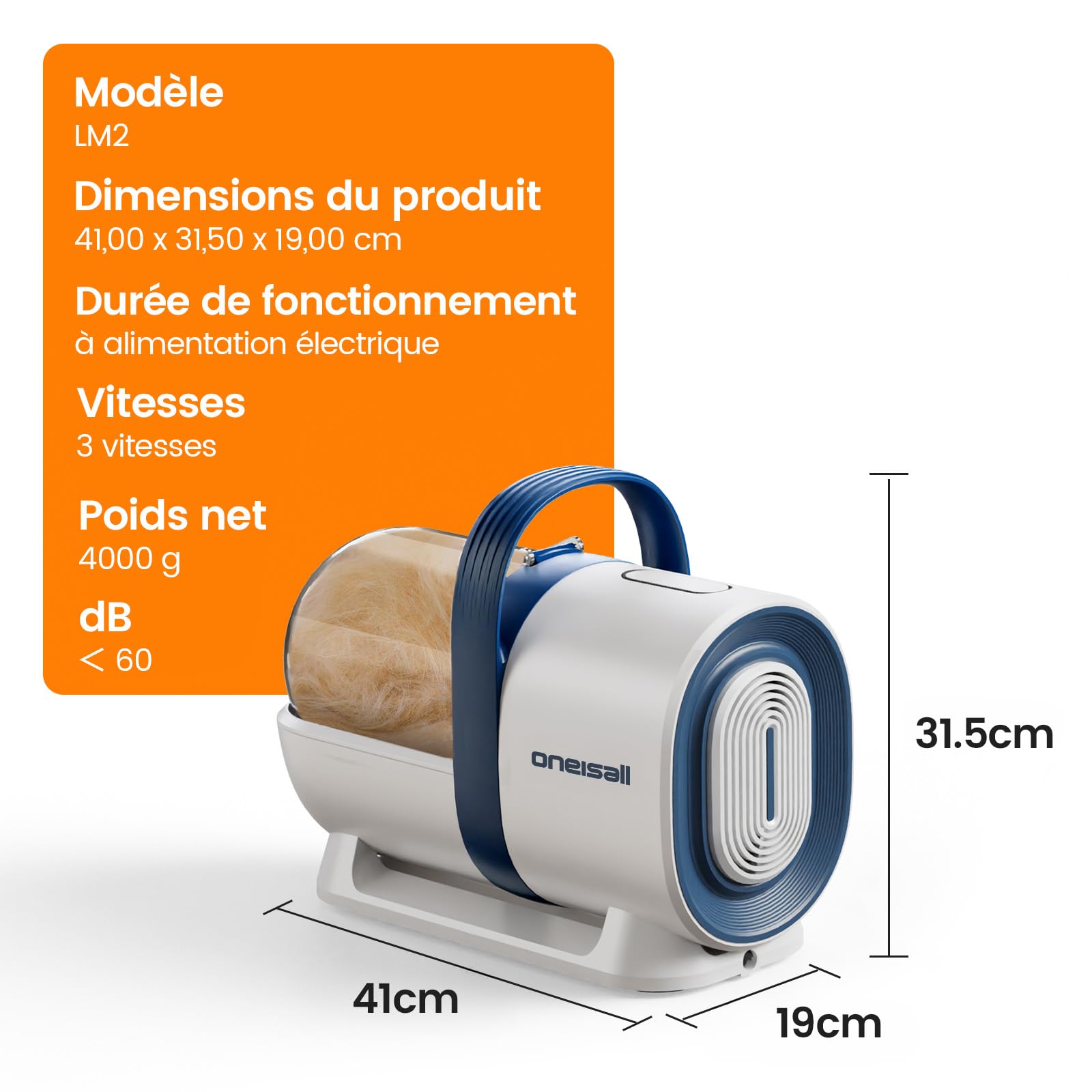 oneisall Tondeuse pour chien avec aspirateur, super puissance d'aspiration 12000 Pa aspire 99,99% de poils d'animaux