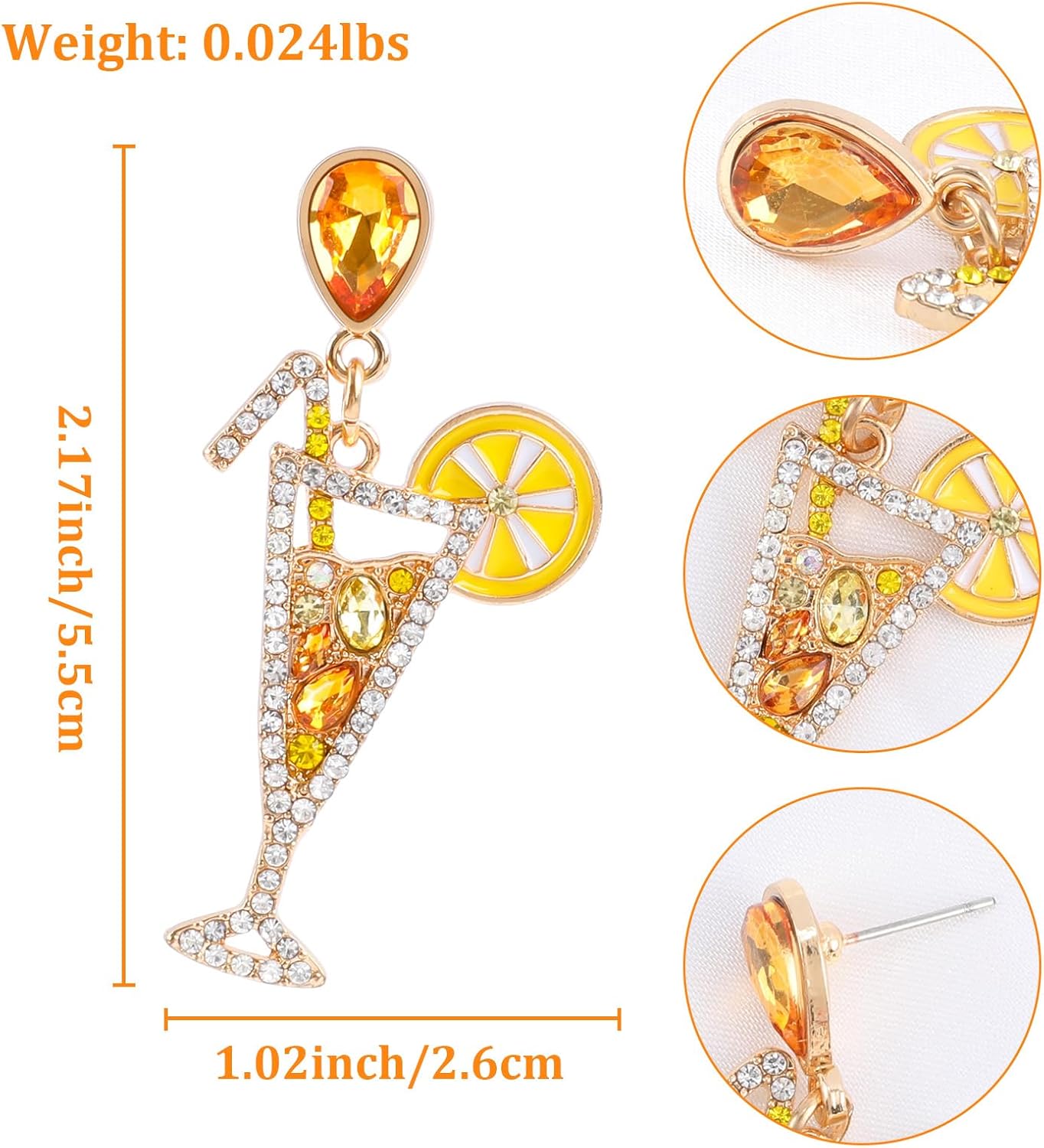 Fun Cocktail Earrings for Women Dangle Rhinestone Shining Crystal Lemon Drinking Champagne Martini Margarita Statement Earrings Post Earrings for Party Summer Beach Vacation Jewelry Gift for Her - Image 2