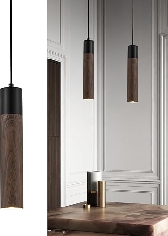 ELYONA Modern Bauhaus Pendant Light Fixtures, Walnut Wood Grain & Matte Black Metal, Industrial Cylinder Hanging Pendant Light for Kitchen Island Dining Room Bedroom Living Room GU10 LED Bulb Included
