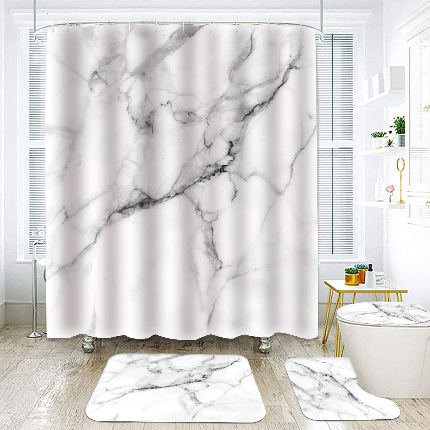 Marble Bathroom Sets with Rugs for Bathroom Decor, 72x72 Inches Gold Shower Curtain with Non-Slip Rugs and Accessories, Waterproof Machine Washable Bath (SC Set-Marble)