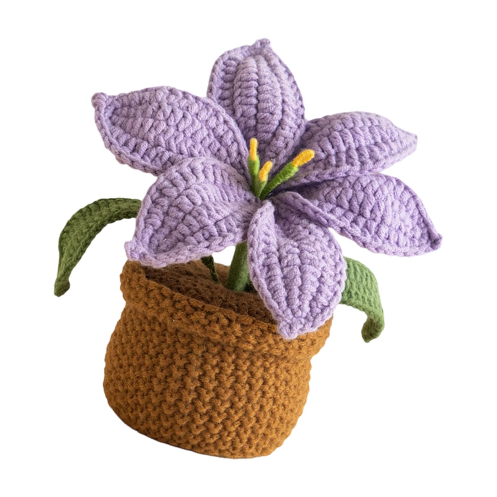 Hredyqw Handmade Crochet Lilies Potted Plant Artificial Knitted Flower Pots Ornament For Home Offices Decors Festives
