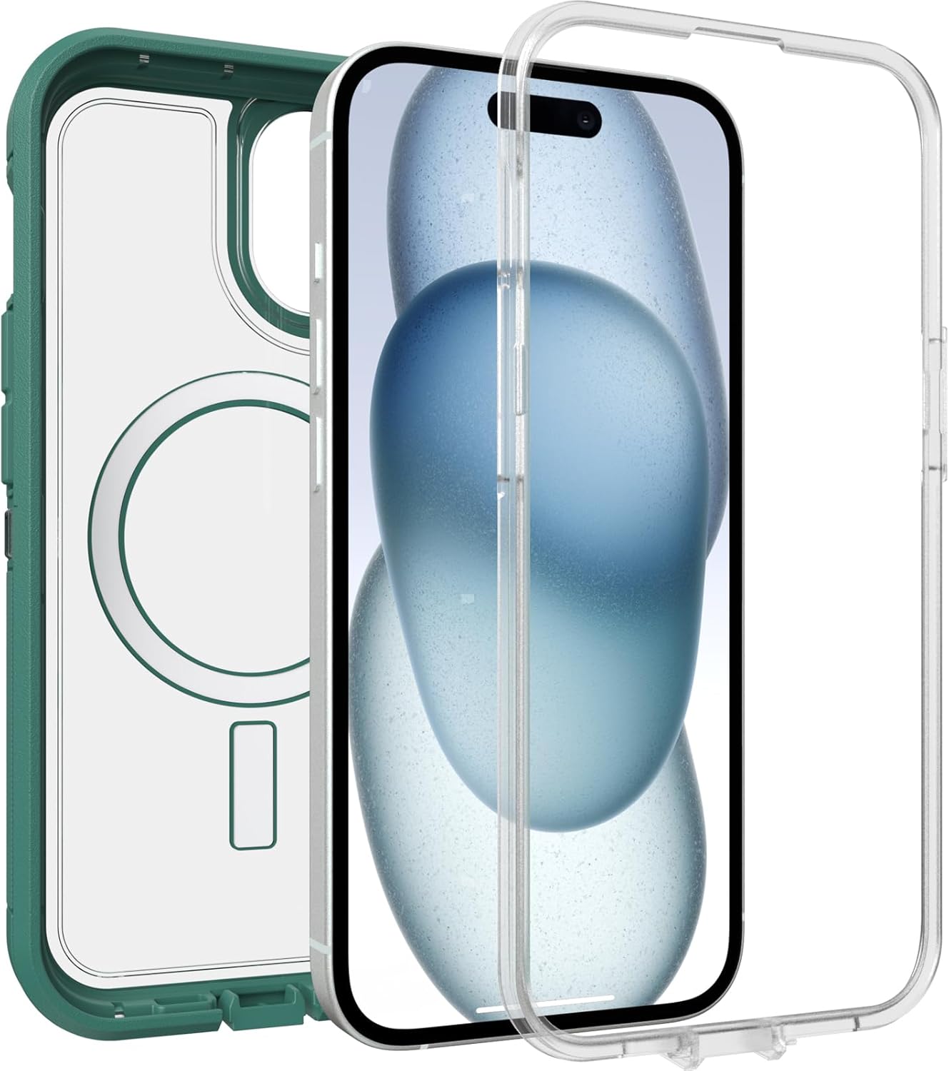 OtterBox iPhone 16e, 15, 14, & 13 Defender Series XT Clear Case - Velvet Evergreen (Clear), screenless, Rugged, Snaps to MagSafe, Lanyard Attachment