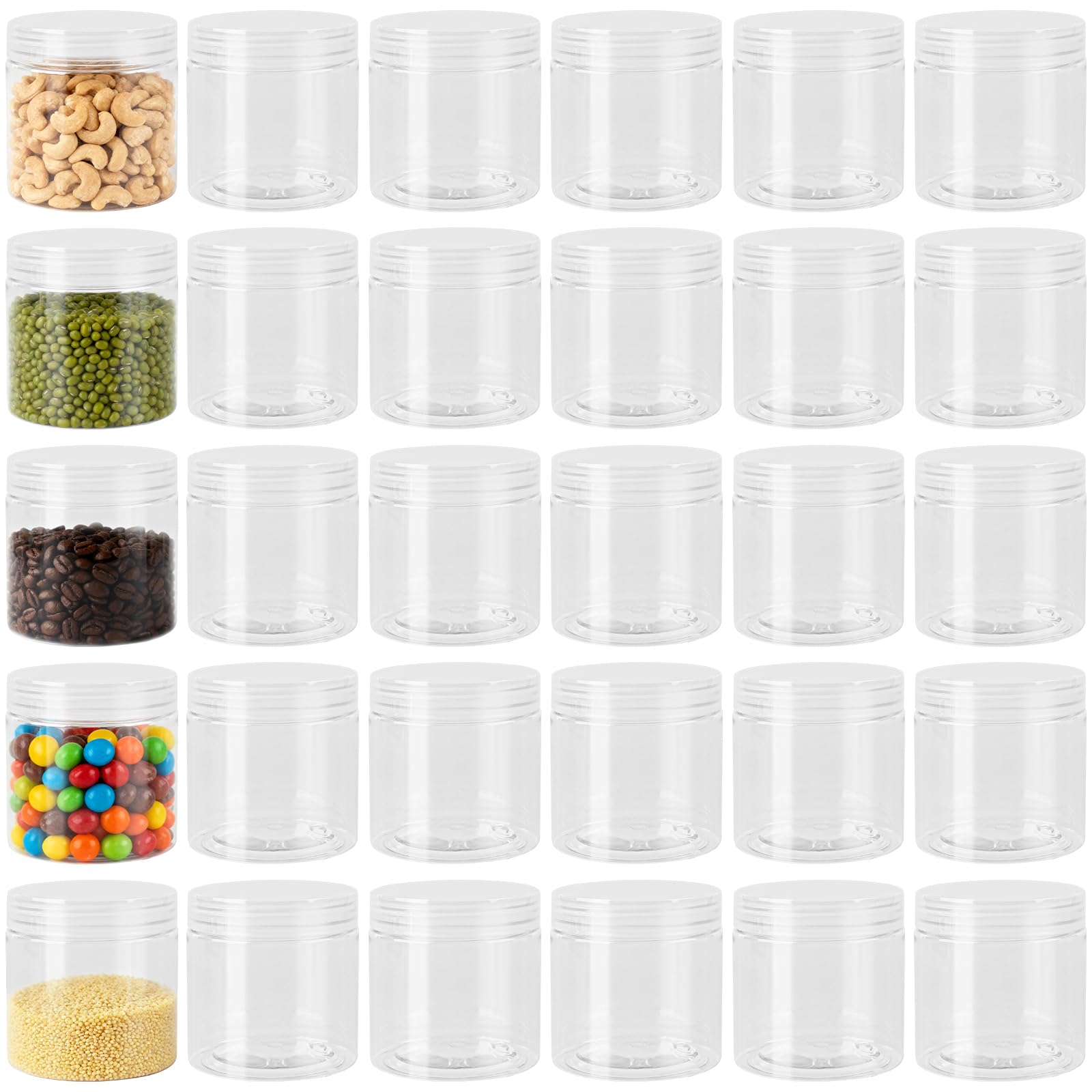 JIAYUET 30 Pack 200ml Clear Plastic Jars with Lids, Wide Mouth Airtight Storage Containers for Dry Food,Seasonings,Honey