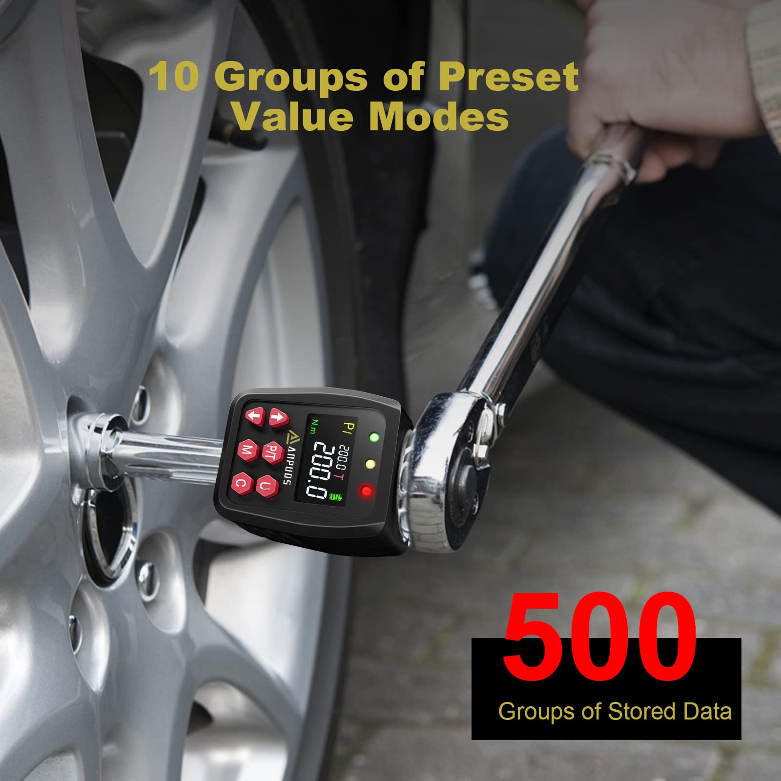 ANPUDS Digitaler Drehmomentadapter, 1/2 Zoll 10-200 Nm Drehmomentadapter Set mit Voreingestellter, Lagerung, Summer, LCD-Anzeige, ± 1% Fehlergenauigkeit, 1/4" 3/8" Adapter für Auto, Motorrad, Fahrrad