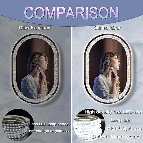 Miniatura 10 de Espejo de tocador ovalado de cristal con luces de 16 x 24 pulgadas, espejo iluminado ovalado de cristal para pared de baño, montaje