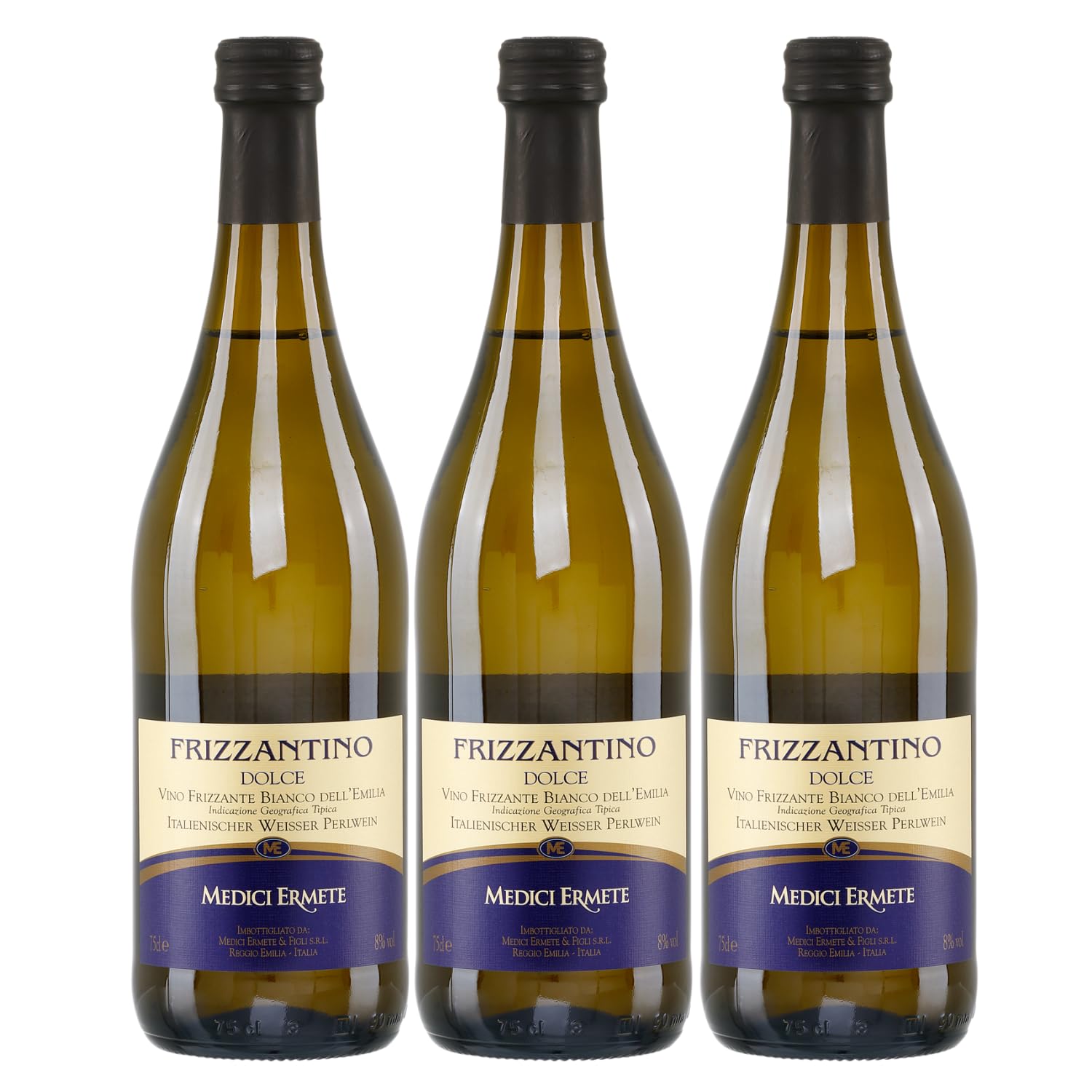Frizzantino Medici weiß 3x 0,75l | Medici Ermete | Weißer Perlwein aus Italien | +20ml Jassas Olivenöl