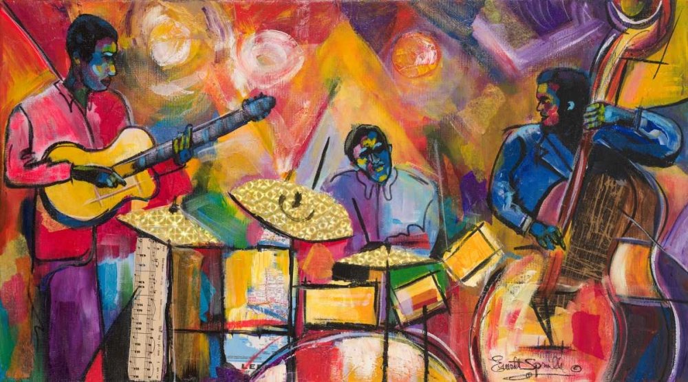 Feeling at home KUNSTDRUCK auf MATTE PAPIER 220gr Jazz Trio Spruill Everett - Musik horizontal Poster Band Practice Group Jazzmusik Bild auf Papier cm_96_X_172