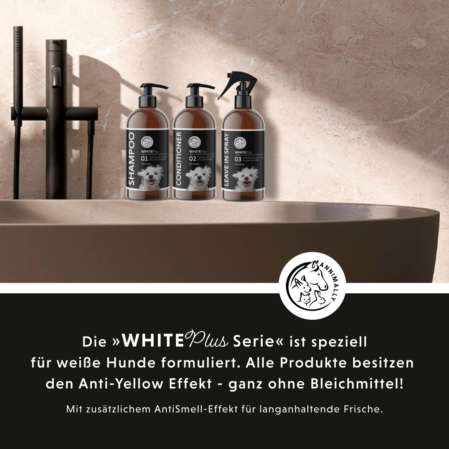 Annimally White Plus Pflegeset - Natürliches Hundeshampoo, Conditioner & Leave-In Spray mit Anti-Gelb-Effekt für weißes Fell, ph-neutrale Fleckenentfernung & Glanz ohne Bleichmittel - je 500 ml