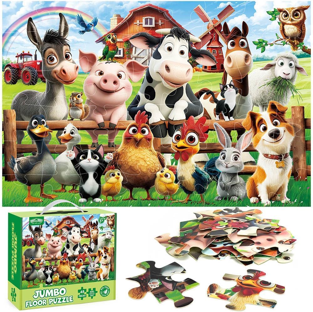 BenBen Puzzle Niños 3 Años de 48 Piezas, Puzzle de Suelo Grande a Partir de 3, 4 y 5 Años, XXL 90 x 60 cm, Regalo para Niñas, Infantil (Animales)