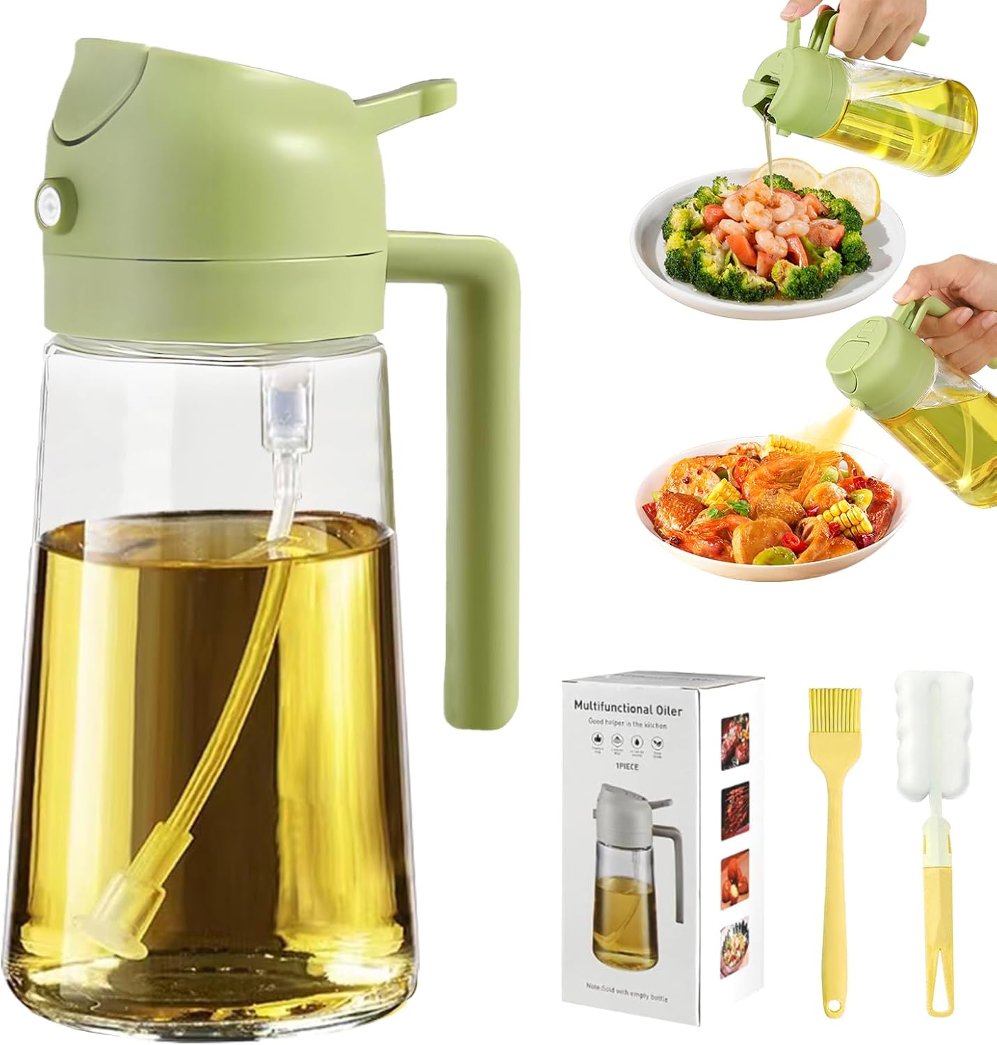 Oil Sprayer for Cooking, 16oz/470ml Oil Dispenser for Kitchen, 2 in 1 Olive Oil Dispenser Bottle for Kitchen Gadgets, Air Fryer, Salad, BBQ (Green)