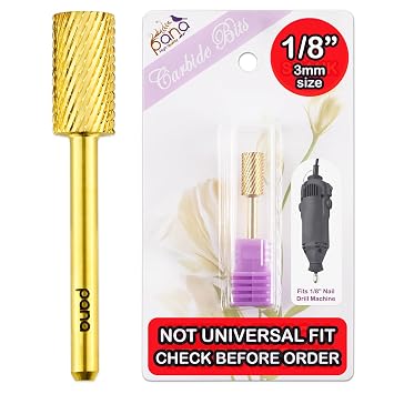 1/8" Size 3mm DOES NOT FIT 3/32" DRILLS PANA Large Flat Top Safety Carbide Nail Drill Bit for Gel Polish & Acrylic Removal Nail Salon Manicure Pedicure Large Barrel - Gold, Coarse