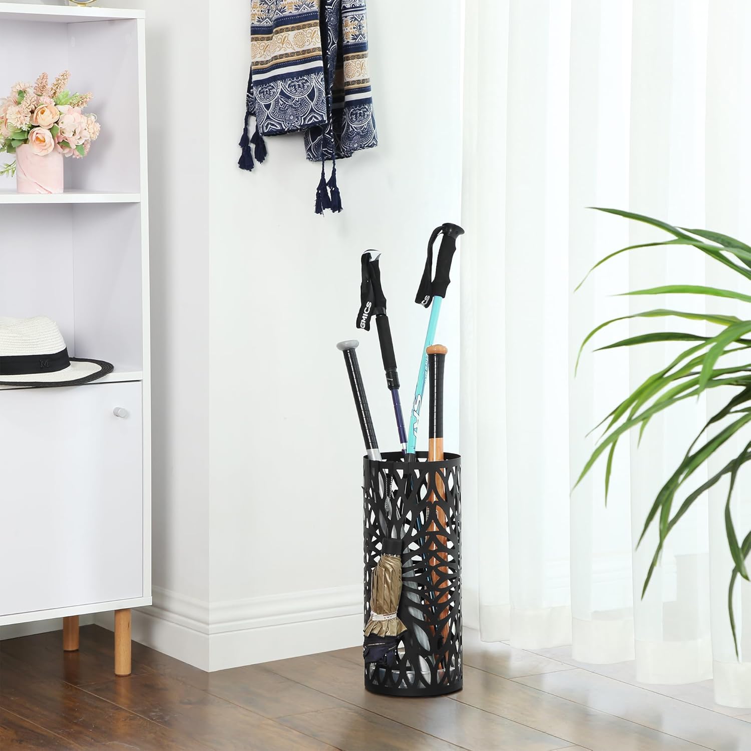 SONGMICS Umbrella Stand, Umbrella Holder for Entryway, Steel Round Umbrella Rack Freestanding, for Canes Walking Sticks, with a Detachable Drip Tray, 2 Long and 2 Short Hooks, Matte Black ULUC022B01