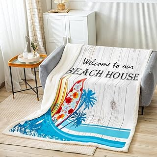 Beach House Throws Blanket,Surfing Surfboard Blue Waves Coconut Trees Sherpa Blanket for Girls Teens, Rustic Farmhouse Wooden Barn Door Microfiber Fleece Blanket Room Decor, Throw Size (50 x 60 Inch)