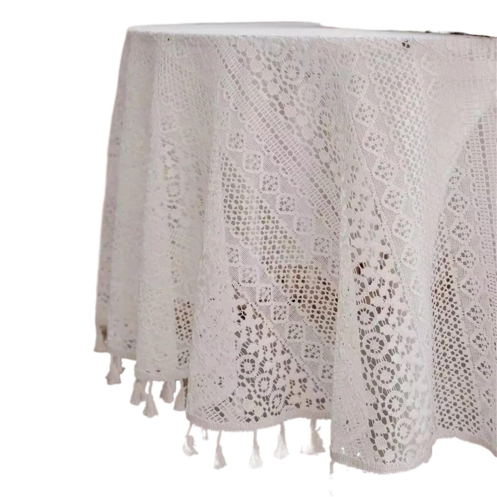 VIOLDHHJK Lace Tablecloth Round Lace Tablecloths With Tassels, Washable Crochet Vintage Cotton Table Cover For Dinner Wedding Party Banquet Decor(White lace,Round 150cm)