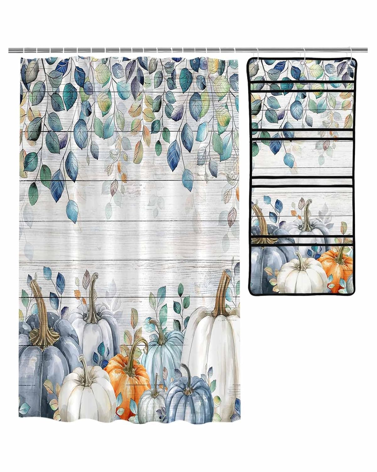Decorative Shower Curtain Sets Fall Thanksgiving Fabric Waterproof Shower Curtains Autumn Blue Green Leaf Pumpkin Wood Grain Mesh
