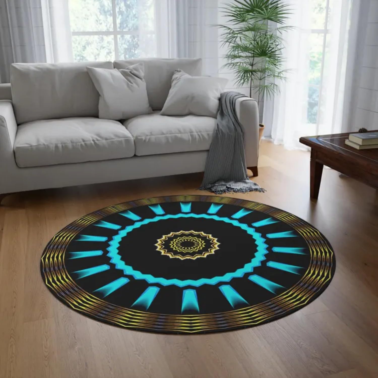 USHIRUG Blue Mandala Round Rug,90cm Vintage Floral Pattern Circle Rug, Machine Washable Bohemian Floor Rugs, Large Area Non-Slip Indoor Round Rugs, Carpet for Living Room, Bedroom, Study, Office