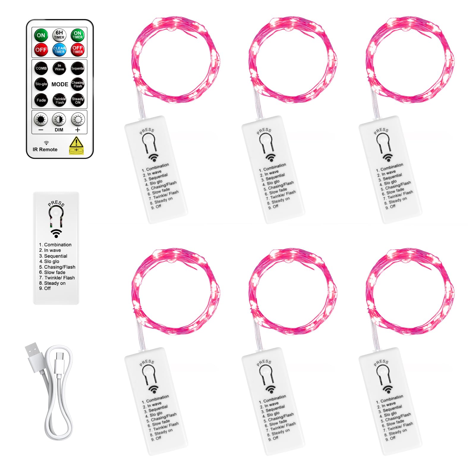 SINAMER 6 Pack Rechargeable Fairy Lights with Remote & DIY Timer, 7ft 20LED Dimmable Silver Wire String Light for Mason Jar, Mini Twinkle Lights for Indoor Christmas Bedroom Wedding Decor, Pink โ image 1