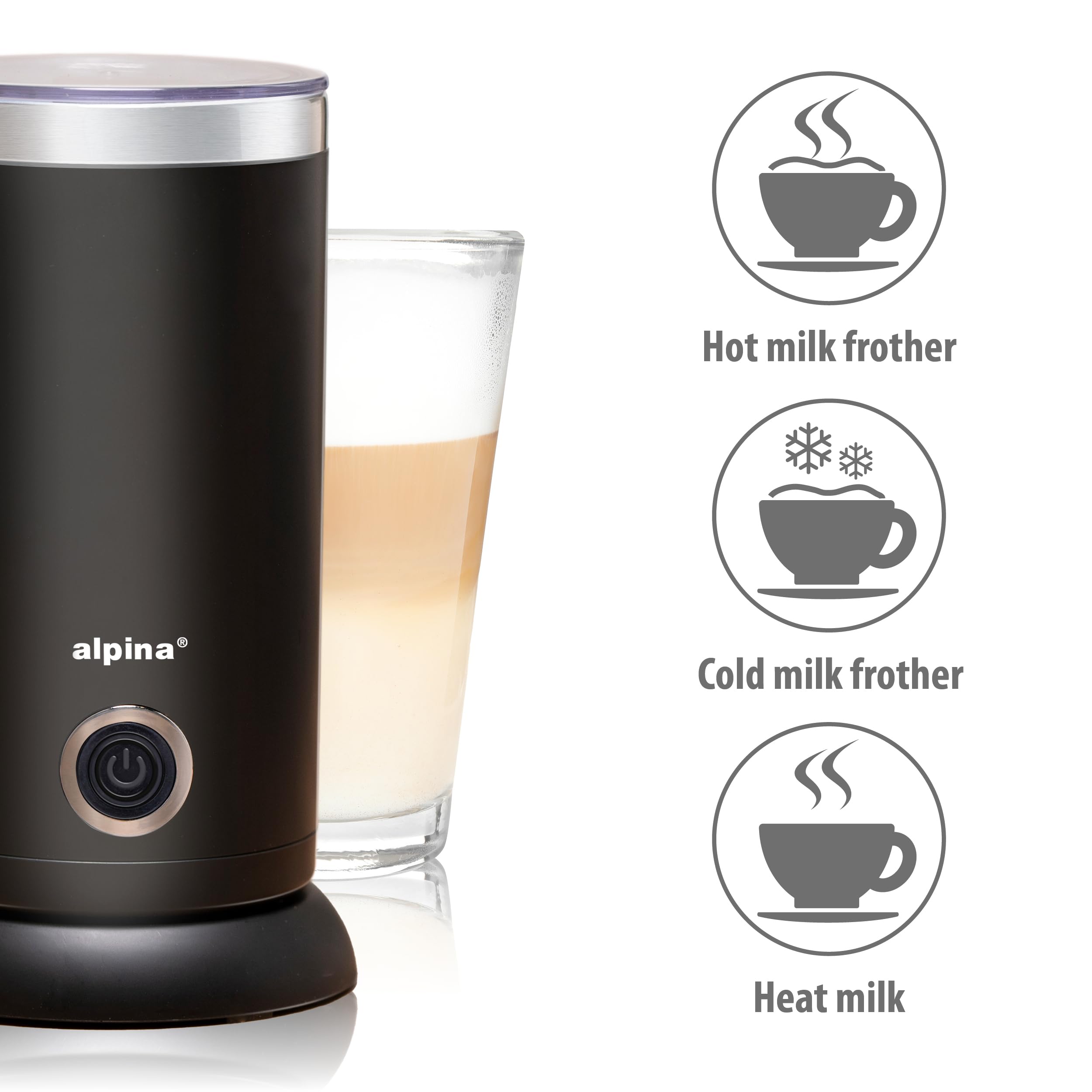alpina Montalatte Elettrico - Cappuccinatore 230V/450W - Scaldalatte Elettrico 3 in 1-300 ML - Schiumalatte Elettrico Montalatte - Scalda Monta Latte a 65°C - Strato Antiagglomerante - Nero