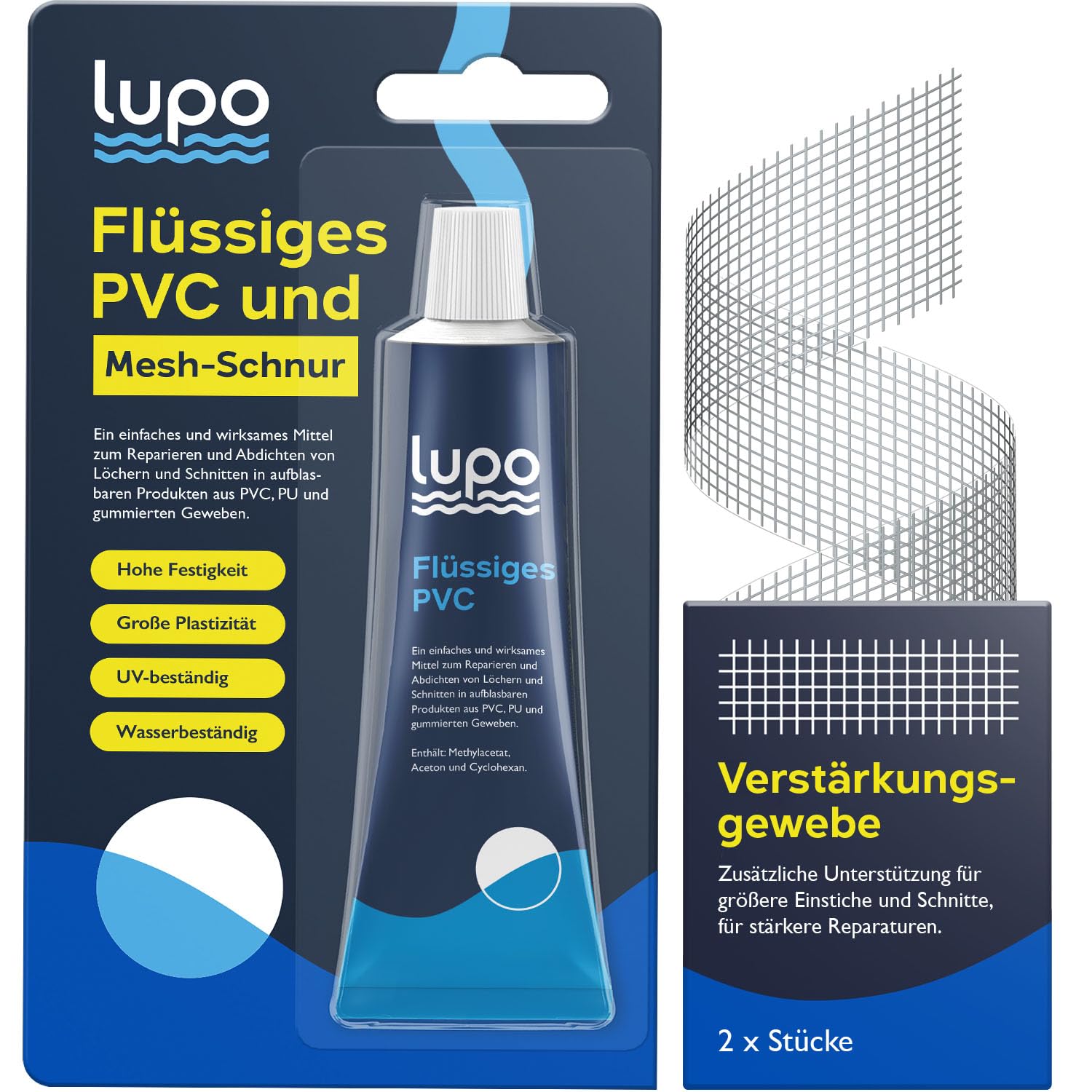 Lupo Hochleistungs-Flüssigvinyl-Reparaturflicken mit verstärkender Netzschnur | Vinyl-Reparatur-Klebstoff und Dichtstoff | Für aufblasbare Kajaks, Luftmatratzen, Zelte, Schwimmbäder (30 ml)