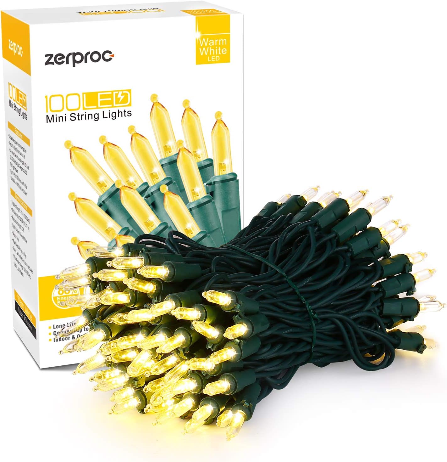 zerproc LED Christmas Lights, 33ft 100 LED Christmas String Lights, 120V UL Xmas Tree Lights for Patio, Garden, Halloween, Party, Holiday, Wedding, Indoor and Outdoor Decoration, Warm White (3000K)