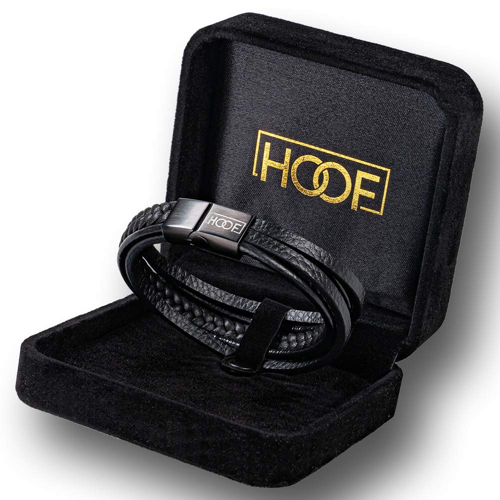 HOOF | Herren Armband aus echtem Leder Schwarz/Braun | geflochtener Armreif | 19,5cm - 27cm | Magnetverschluss Edelstahl | Edle Schmuckschachtel Box | Geschenk für Männer, Freunde, Partner bis XXXL