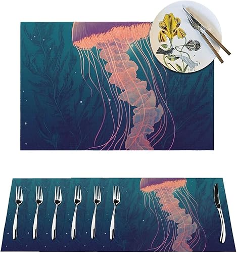 6 PCS PVC Placemats Set Place Mats Jellyfish Illustration Non-Slip Weave Place Mats 12" x 18" Farmhouse Table Mat Set for Family Dinners Wedding