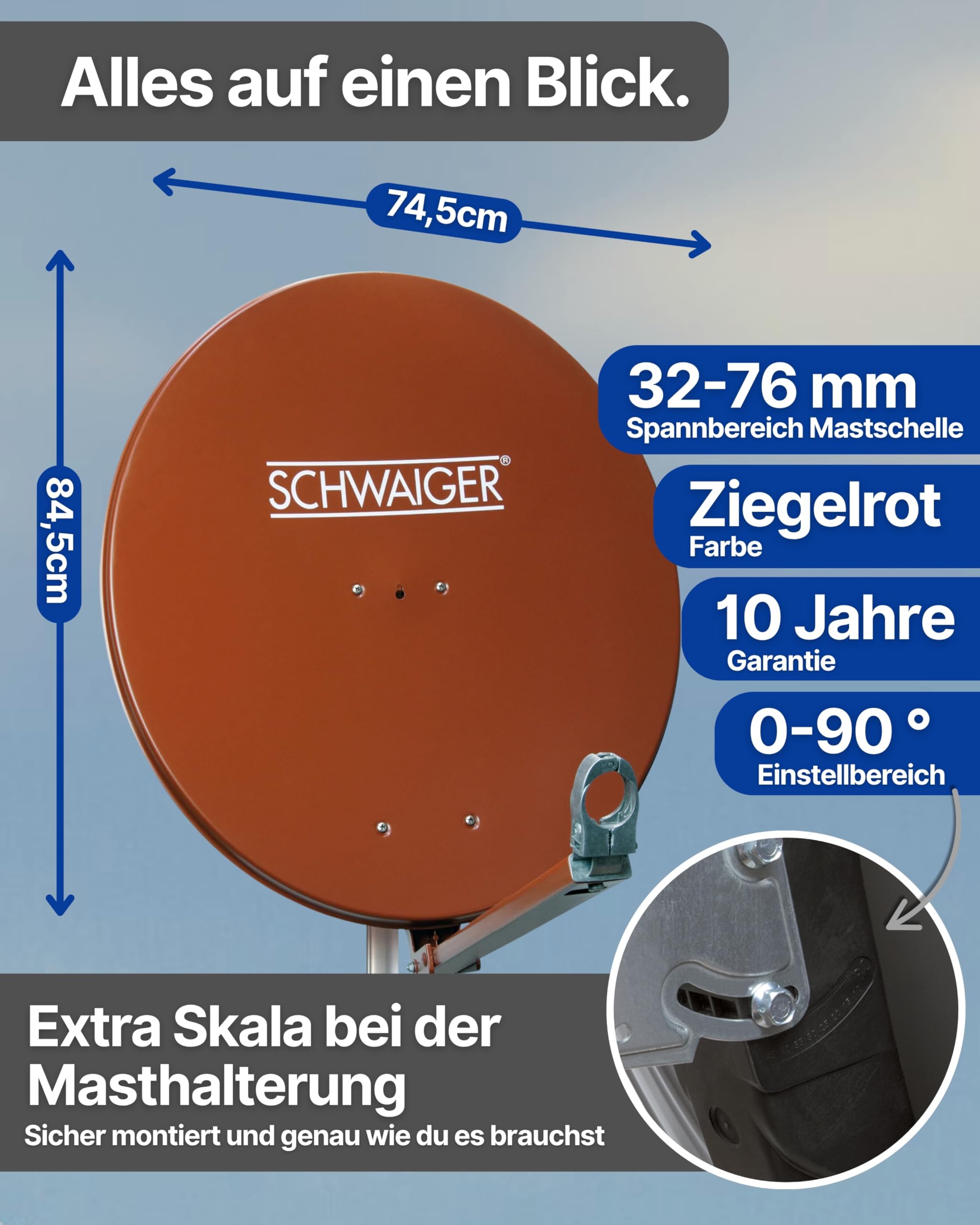 SCHWAIGER Satellitenschüssel 80 cm Aluminium Offset Antenne Multifeed wetterfest 38,5dB