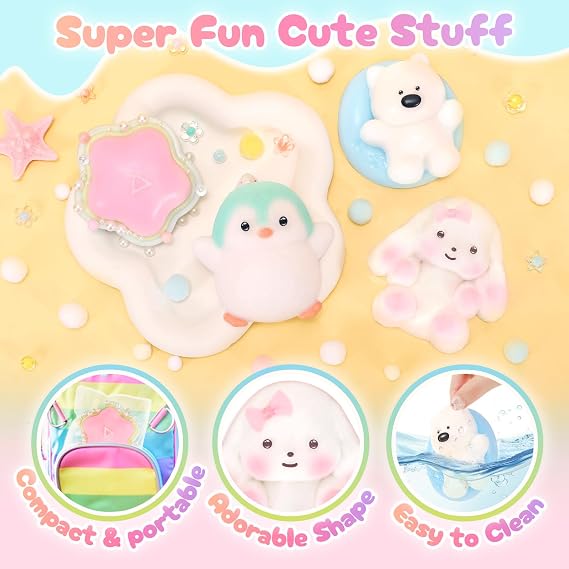 NINAOR Squishy Fidget Toys 4Pcs, Cute Penguin Bunny Pool Dog Squeeze Sensory Toys for Kids Stress Relief Gifts Treasure Box Toys for Classroom Birthday Party Favors Easter Stocking Stuffers for Teens