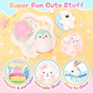 NINAOR Squishy Fidget Toys 4Pcs, Cute Penguin Bunny Pool Dog Squeeze Sensory Toys for Kids Stress Relief Gifts Treasure Box Toys for Classroom Birthday Party Favors Easter Stocking Stuffers for Teens