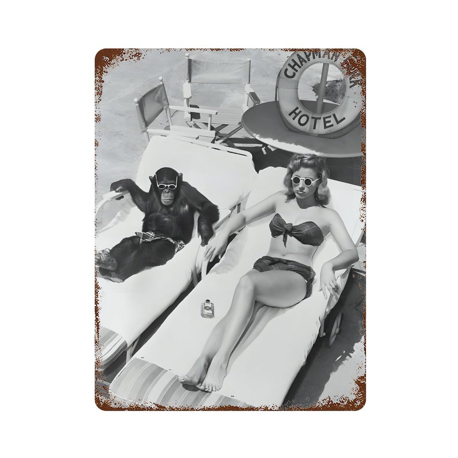xiaoxiaoshen A Woman Sunbathing Near A Chimpanzee Wall Decor Art Metal Tin Poster Modern Home Decor Art Home Bar Shop Decorations Vintage Sign 40x30cm