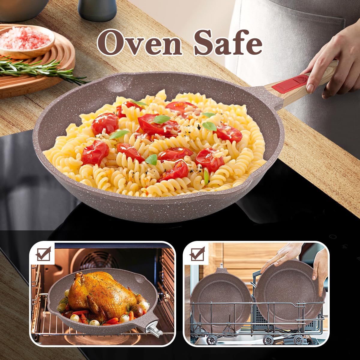 IKTU Keramische anti-aanbak diepe koekenpan, 11 Inch Nonstick 4Qt Saute Pan met Helper Handvat en Deksel, Grote Koekenpan Inductie Kookgerei met Afneembare Handvat, PFAS PFOA & PTFE vrij