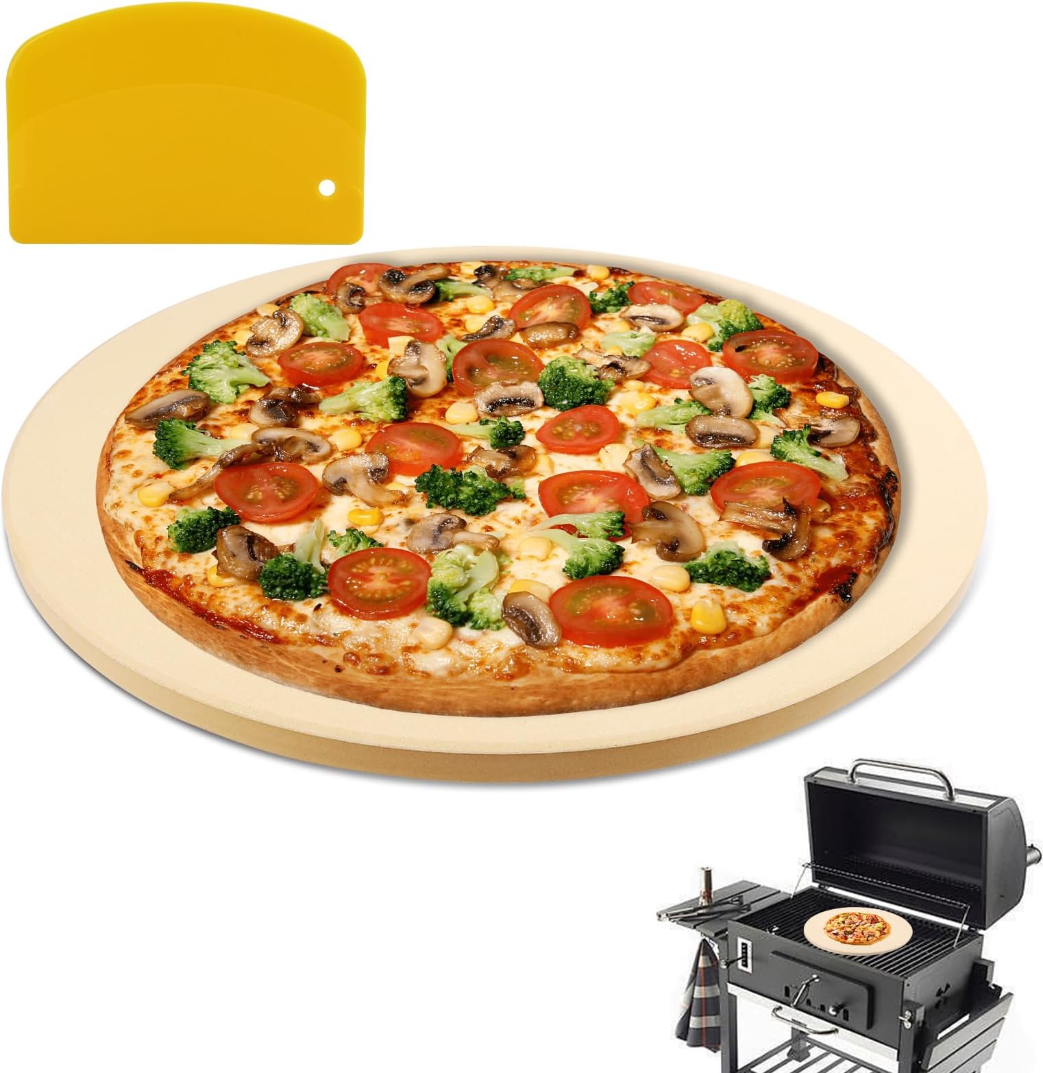 16 Inch Circle Pizza Stone for Oven and Grill,0.6" Thick Round Heavy Duty Cordierite Bread Baking Stone for Crisp Pizza Cookies (With Scraper)