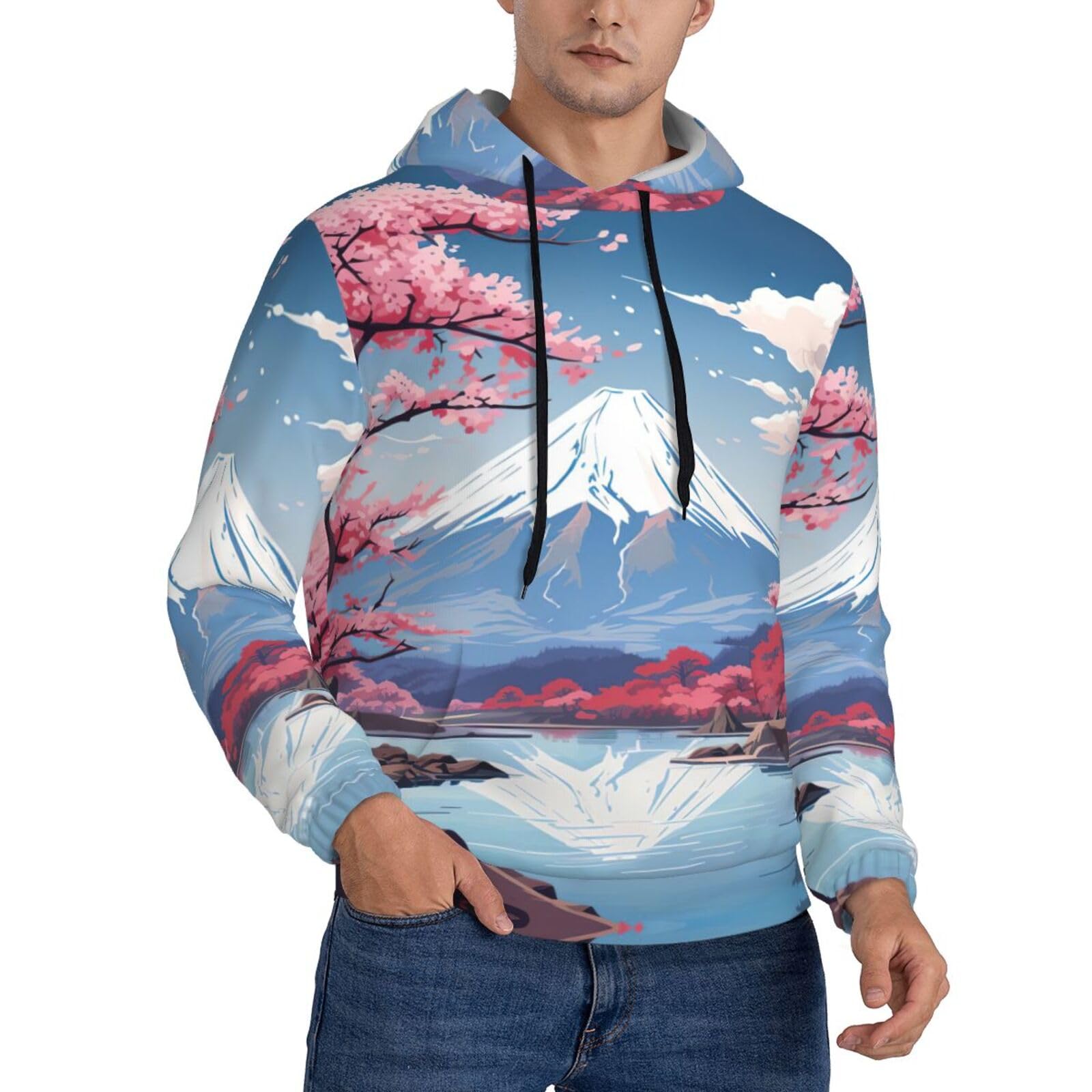 Sweat à capuche japonais Mont Fuji homme noir L style décontracté