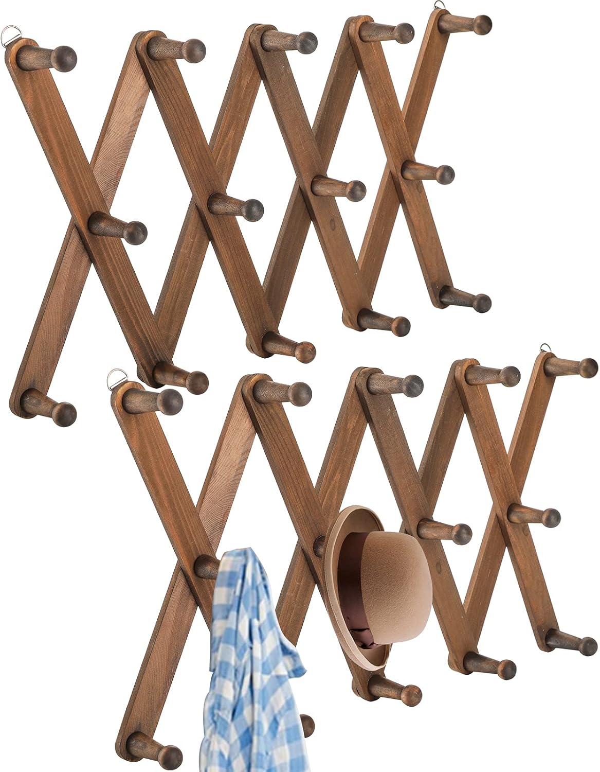 Cedilis 2 Pack Expandable Wooden Coat Rack, 14 Hooks Accordion Wall Hanger, Wall Mounted Vintage Accordion Peg Rack for Hats,Coat, Baseball Caps, Mugs, Scarf, Bag, Walnut Color