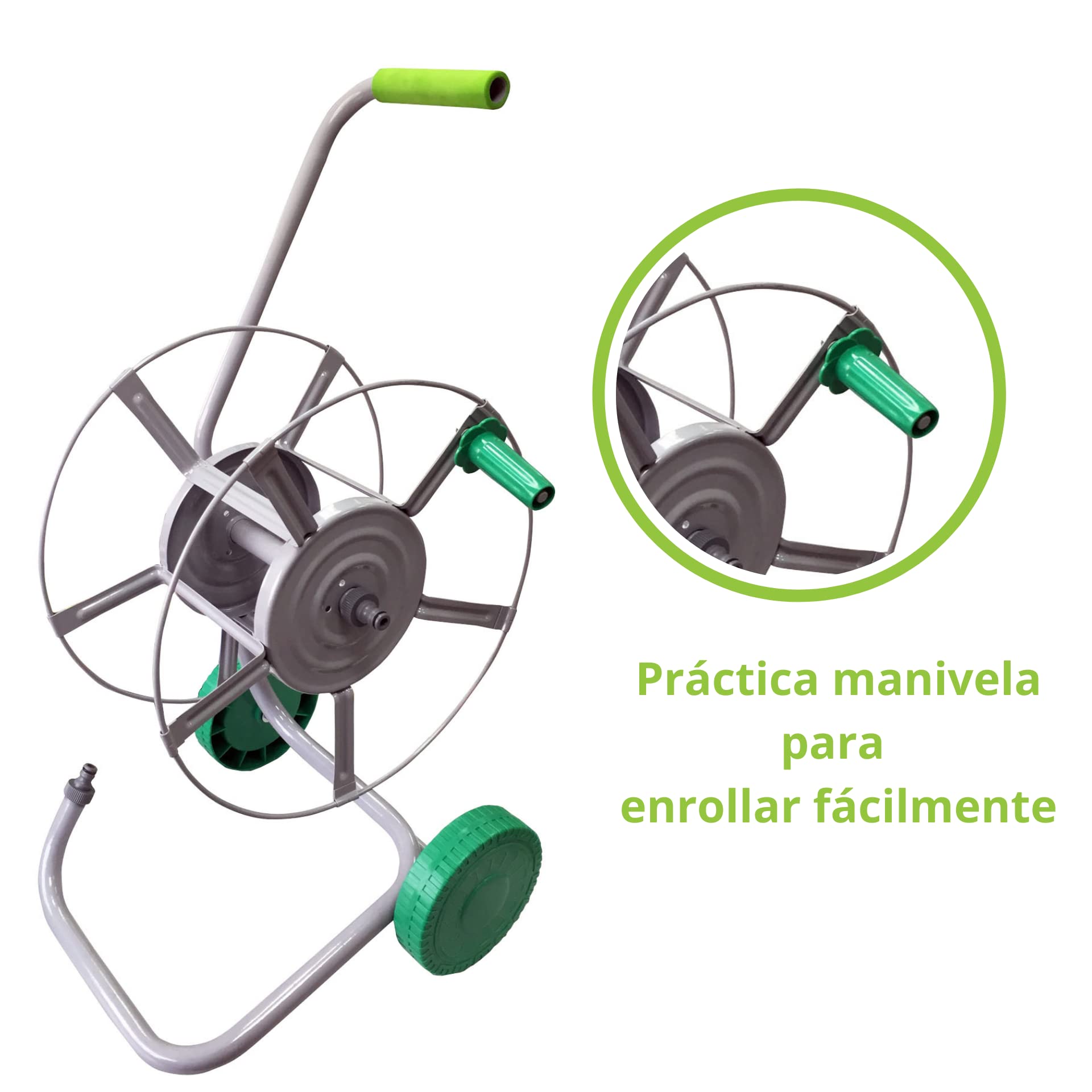 Carro para recoger mangueras, capacidad para 60 metros de manguera, cuenta con 2 ruedas para el fácil transporte, cuerpo fabricado en metal.Cuenta con 2 conexiones rápidas para la alimentación de agua