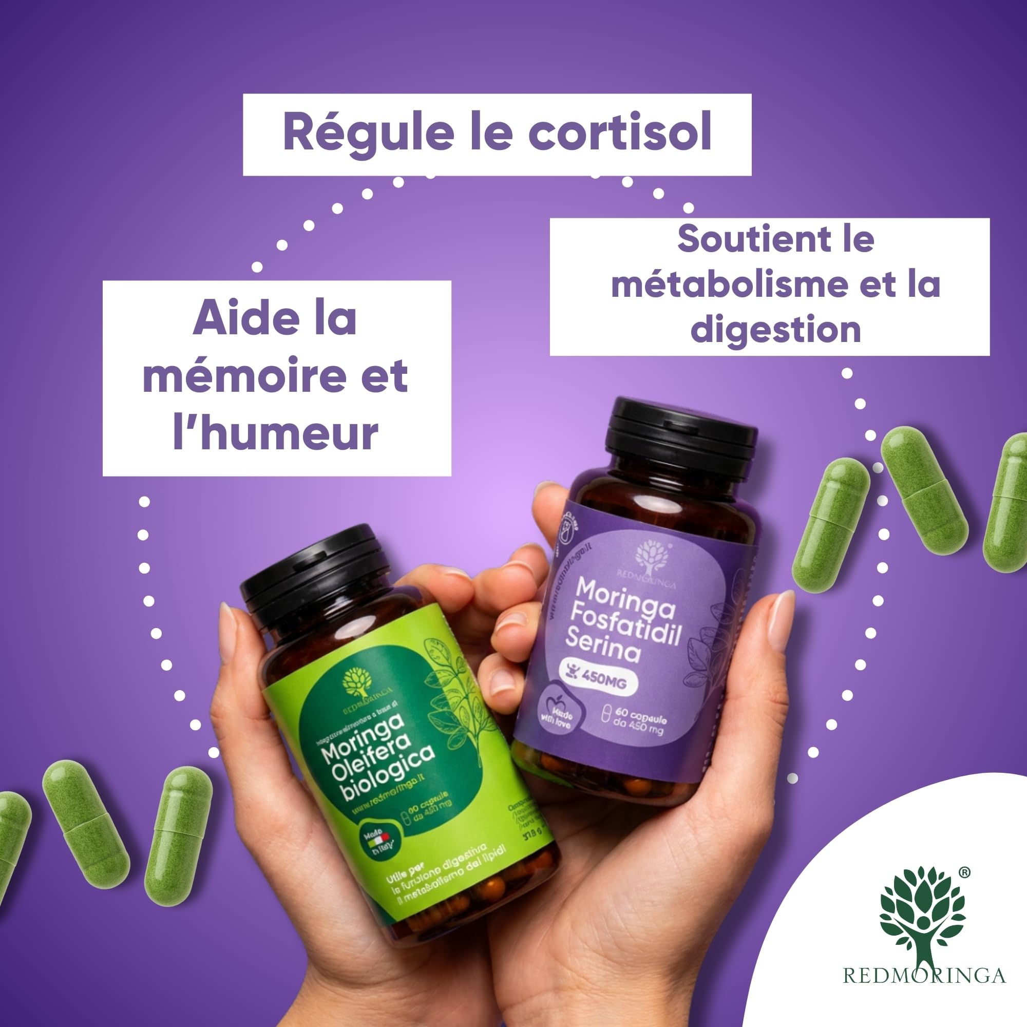 LOW CORTISOLO – Phosphatidylsérine 450 mg + Moringa Oleifera BIO | Pour abaisser le cortisol, ventre de stress | Complément mémoire et concentration | 150 gélules végétales Made in Italy | RedMoringa