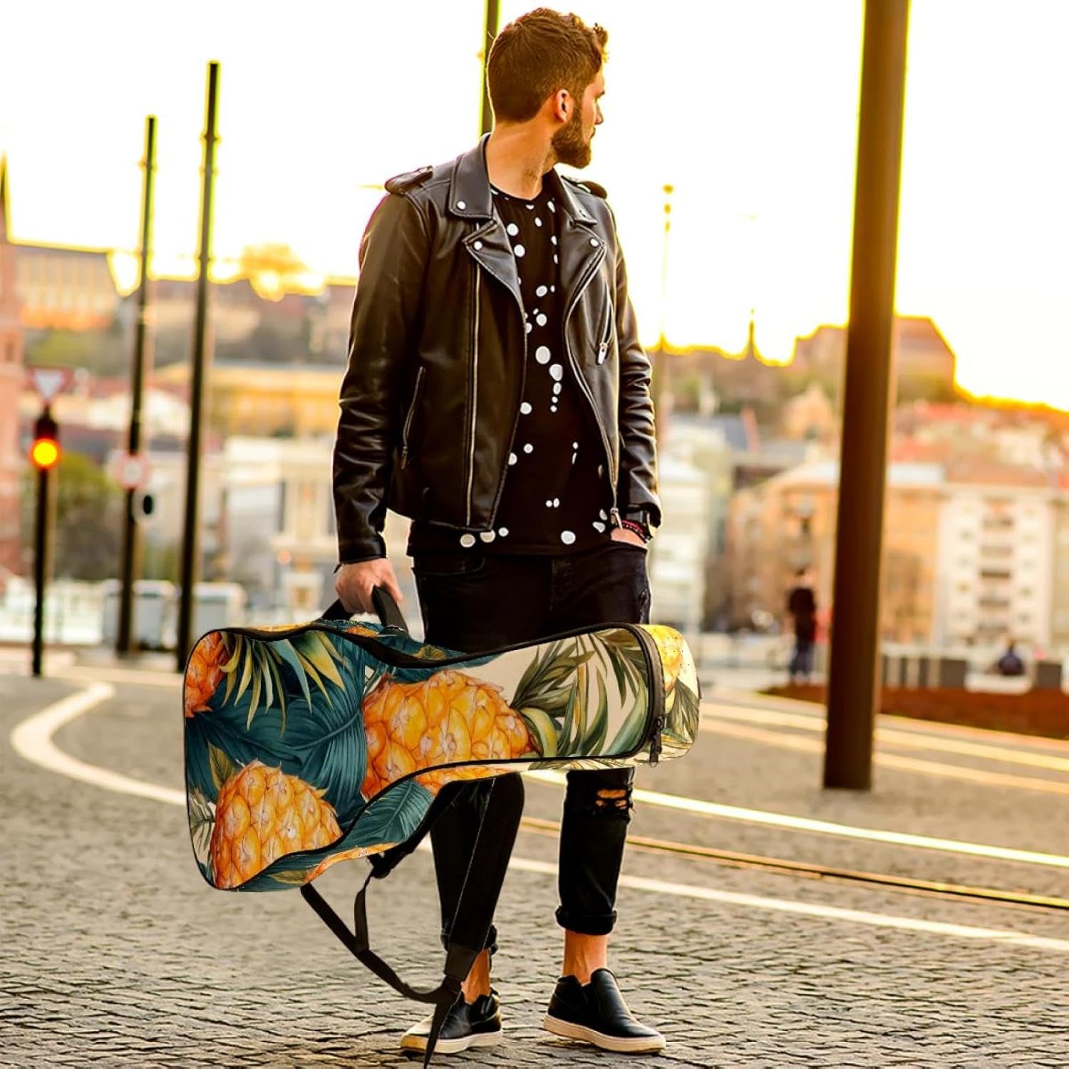 40 41 42 Inch Guitar Bags, Waterproof Padded Acoustic Guitar Case Backpack with Adjustable Shoulder Strap & Pockets, Pineapple Jungle Leaves Flowers Pattern